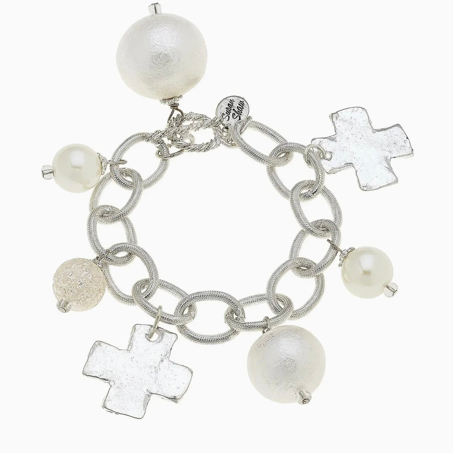Silver Cross and Cotton Pearl Charm Bracelet
