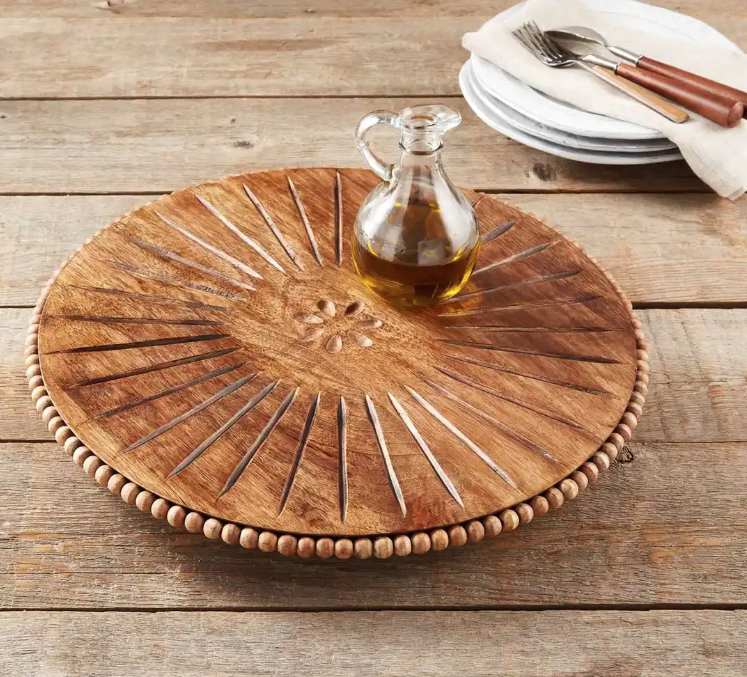 Beaded Wood Carved Lazy Susan