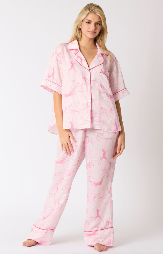 Ribbon Print Satin Pajama Set