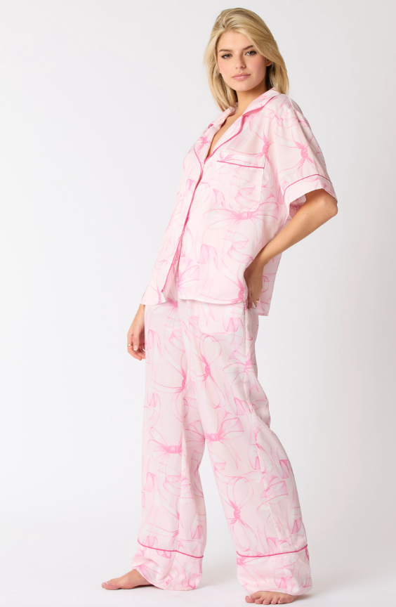 Ribbon Print Satin Pajama Set