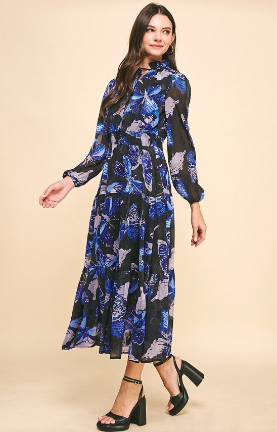 Madeline Butterfly Print Tiered Maxi Dress