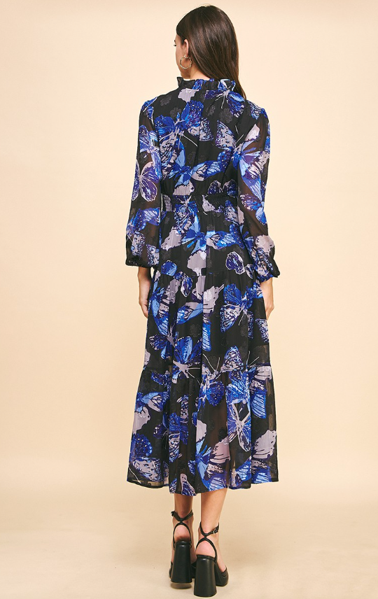 Madeline Butterfly Print Tiered Maxi Dress