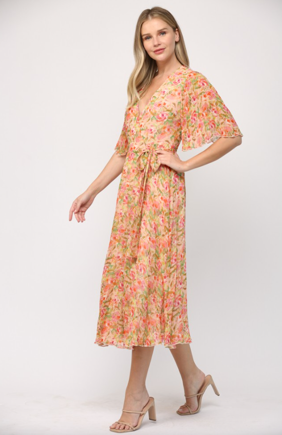 Haley Floral Print Pleated Wrap Dress