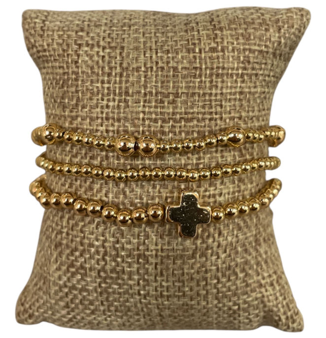 Gold Cross Beaded Stretch Bracelet Stack