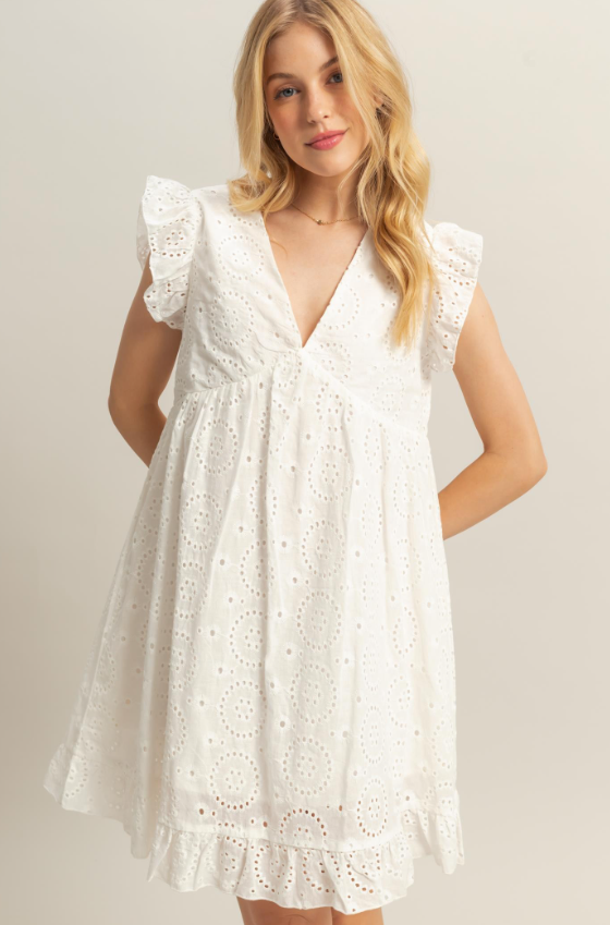 flutter sleeve eyelet mini dress Sail to Sable Blue & White Floral Eyelet Flutter Sleeve Smocked Mini Dress WHITE/BLUE / XXS / SU25138