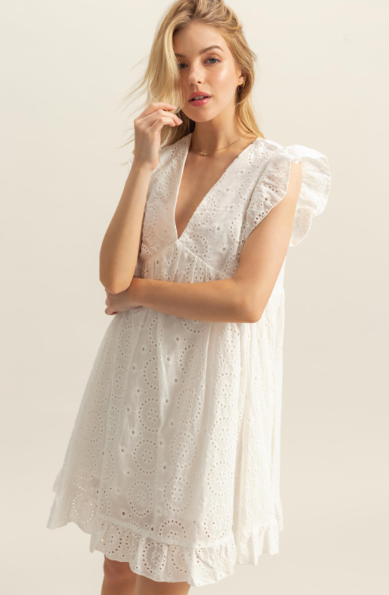 Maddison Flutter Sleeve Eyelet Mini Dress