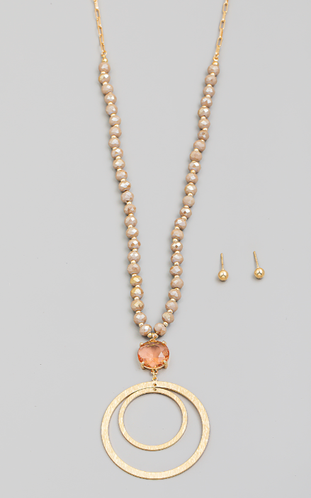 Double Circle Pendant Long Necklace & Earring Set