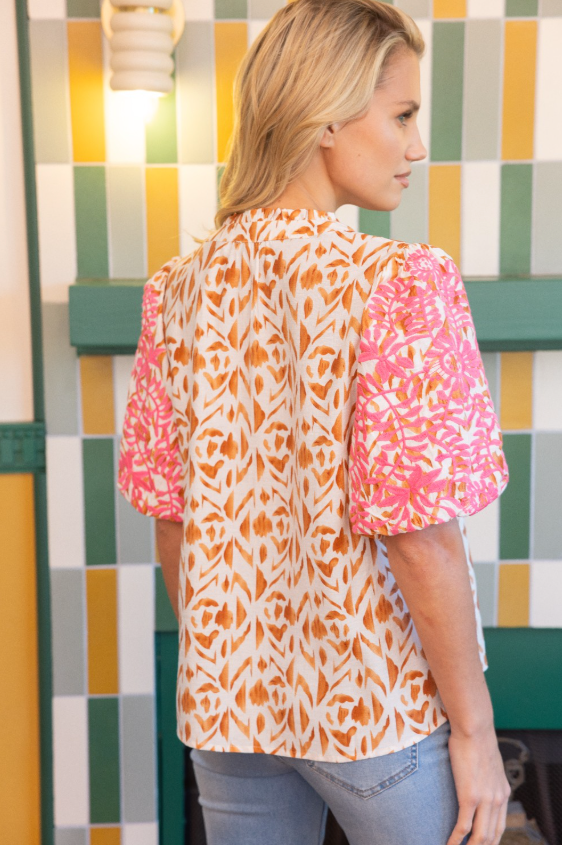 Julie Floral Embroidered Bubble Sleeve Top