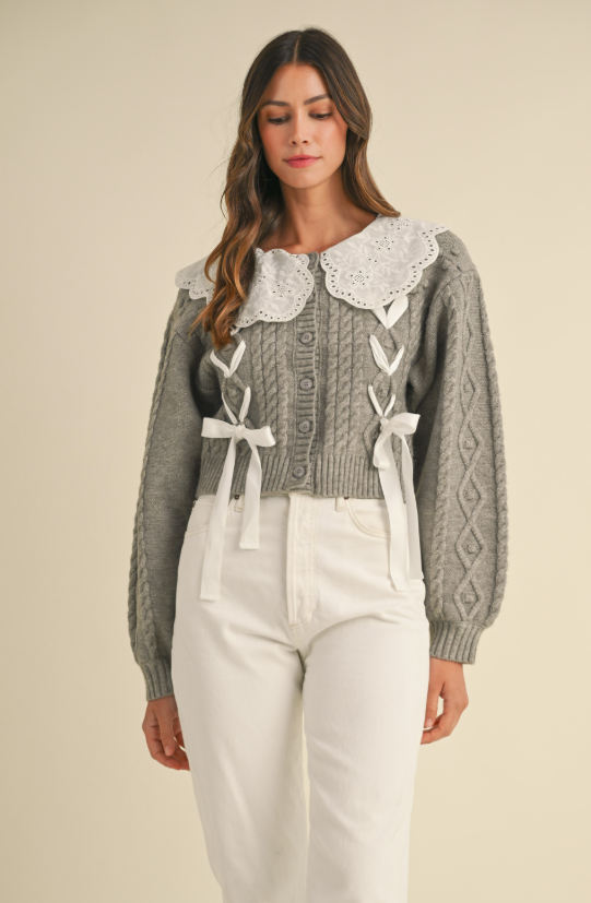 Amoura Embroidered Collar Cable Knit Cardigan