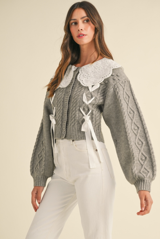 Amoura Embroidered Collar Cable Knit Cardigan
