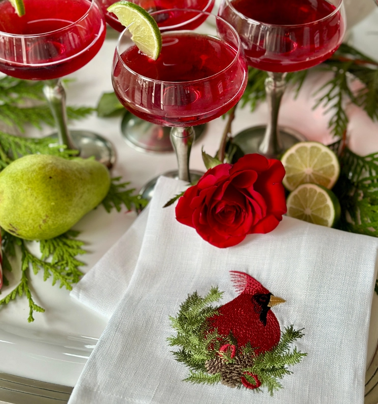 Christmas Cardinal Embroidered Linen Towel