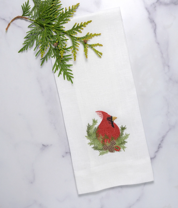 Christmas Cardinal Embroidered Linen Towel