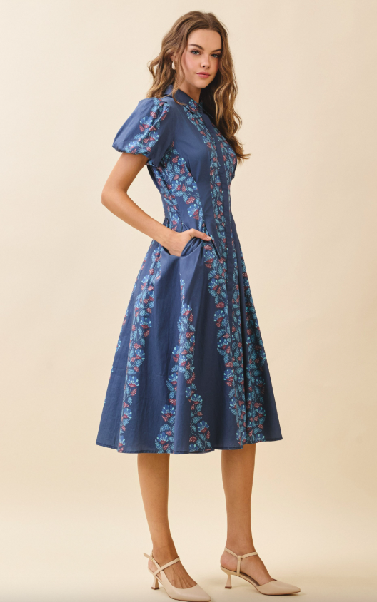 Zora Floral Print A Line Shirt Midi Dress