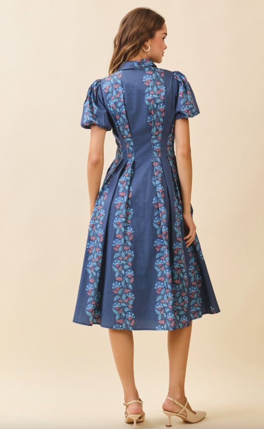 Zora Floral Print A Line Shirt Midi Dress