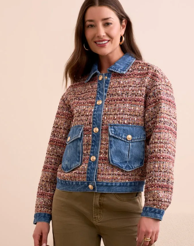 Tribal Mixed Media Plaid Jacket With Denim Inserts