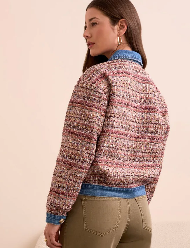 Tribal Mixed Media Plaid Jacket With Denim Inserts