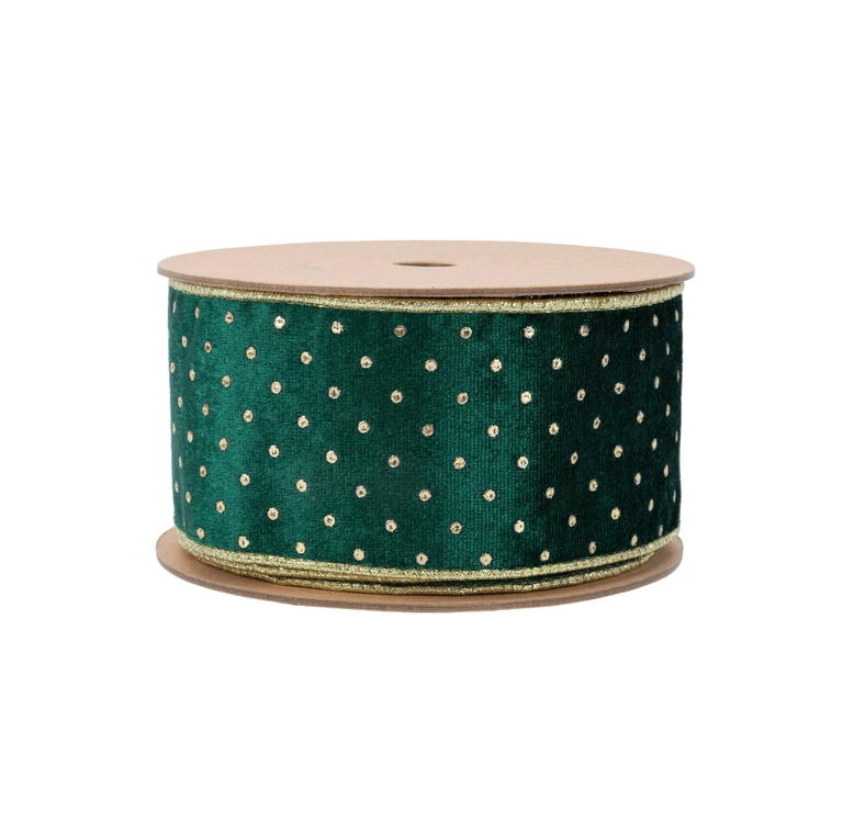 10yds Dark Green Gold Dot Wired Ribbon