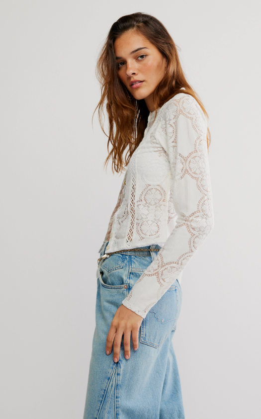 Free People Jae Sheer Lace Knit Long Sleeve Top