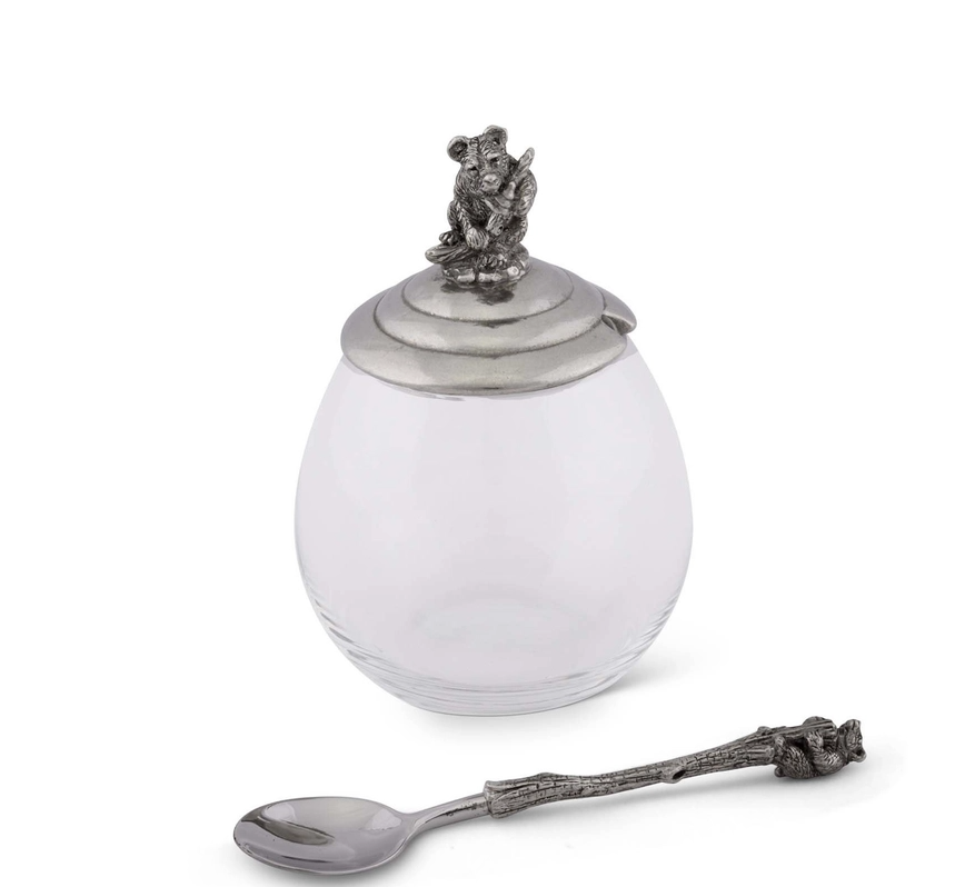 Pewter and Glass Little Bear Honey Pot & Spoon Set