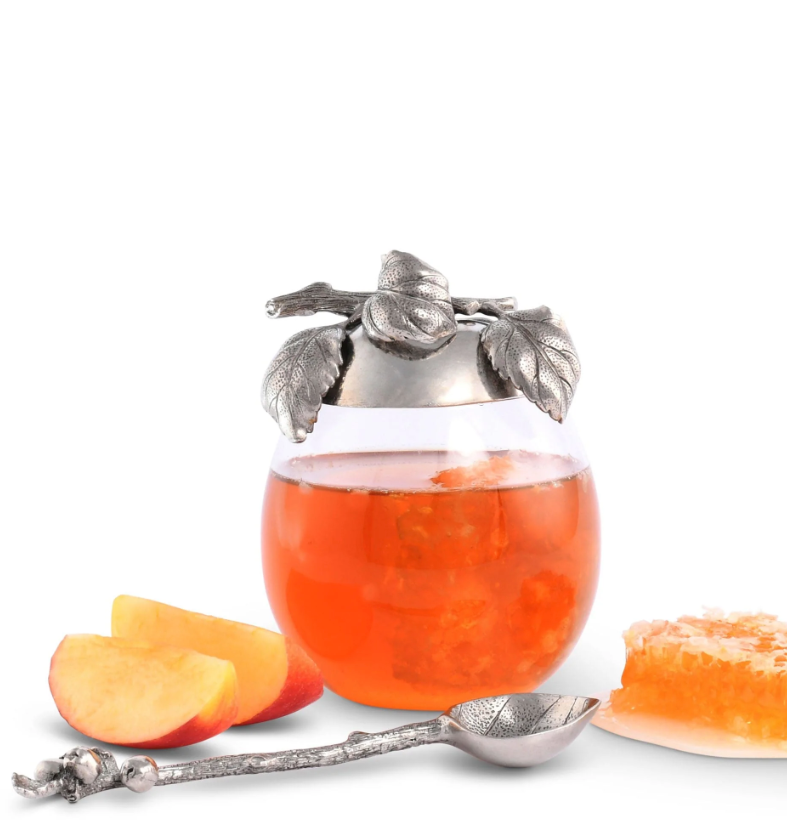 Pewter and Glass Apple Honey Pot & Spoon Set