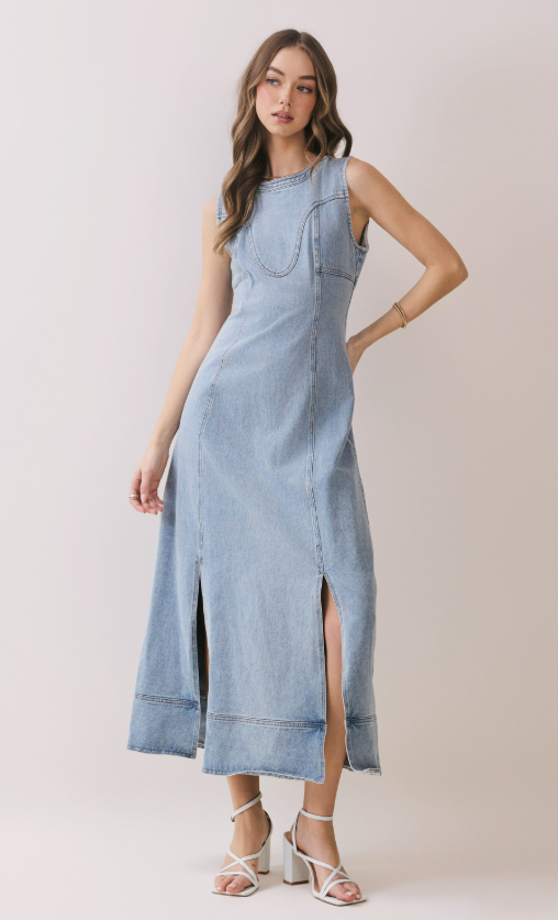 Anne Front Slit Detail Denim Midi Dress