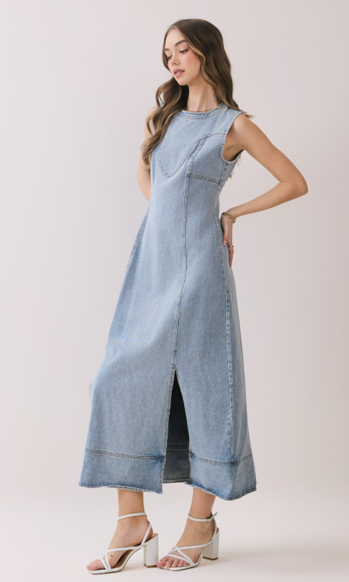 Anne Front Slit Detail Denim Midi Dress