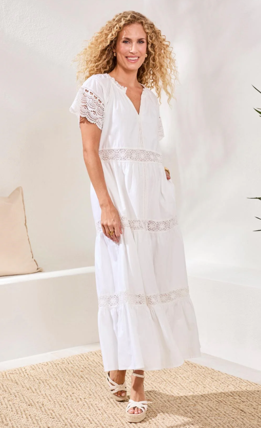 Tribal Poplin Lace-Trim Tiered Maxi Dress Tribal Poplin Lace-Trim Tiered Maxi Dress