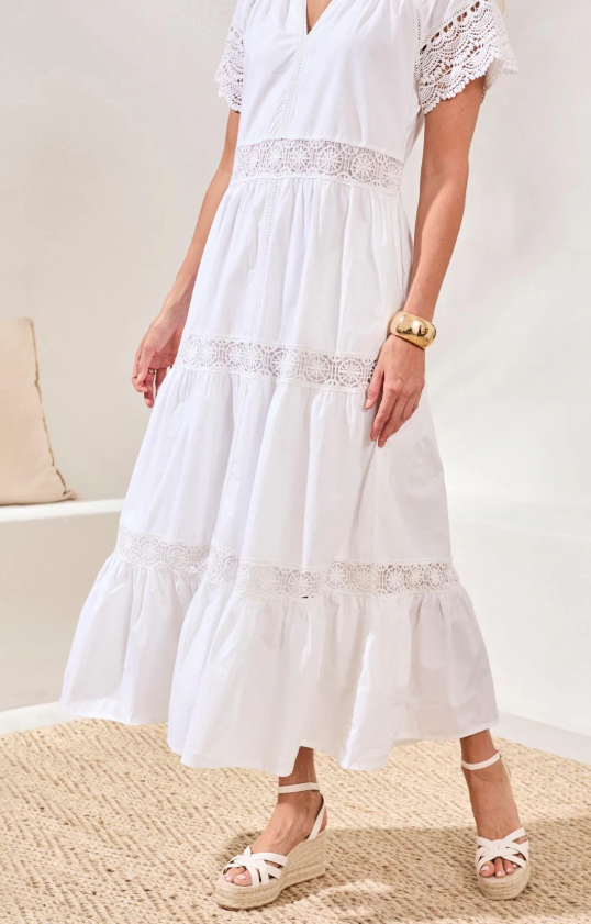 Tribal Poplin Lace-Trim Tiered Maxi Dress