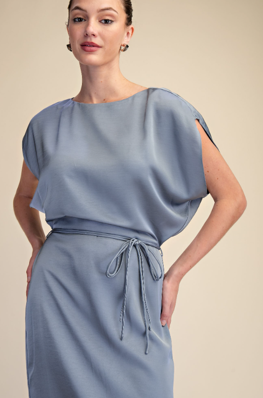 Carson Satin Slit Skirt Midi Dress