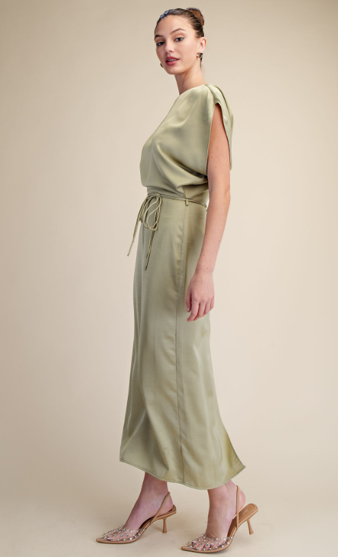 Carson Satin Slit Skirt Midi Dress