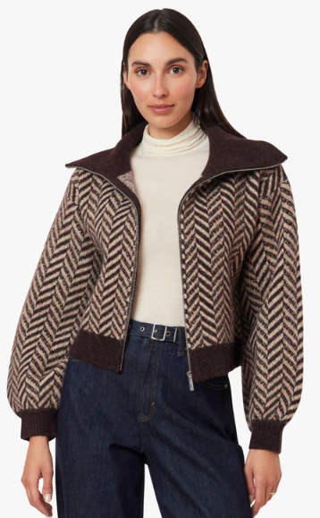 Herringbone Zip Front Cardigan - Chocolate