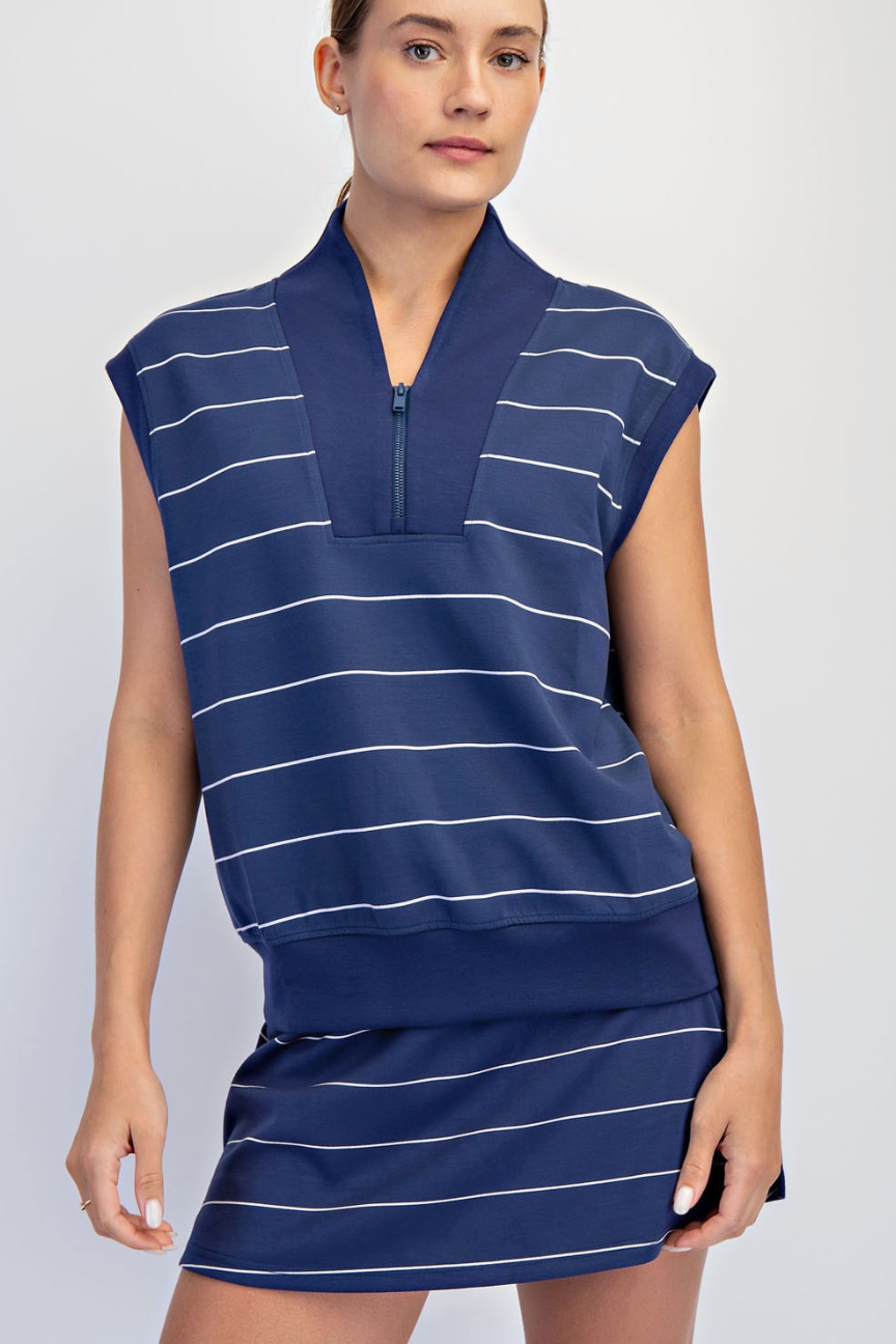 Maegan Modal Scuba Stripe Luxe V-neck Sleeveless Top - Smoky Navy/Cream