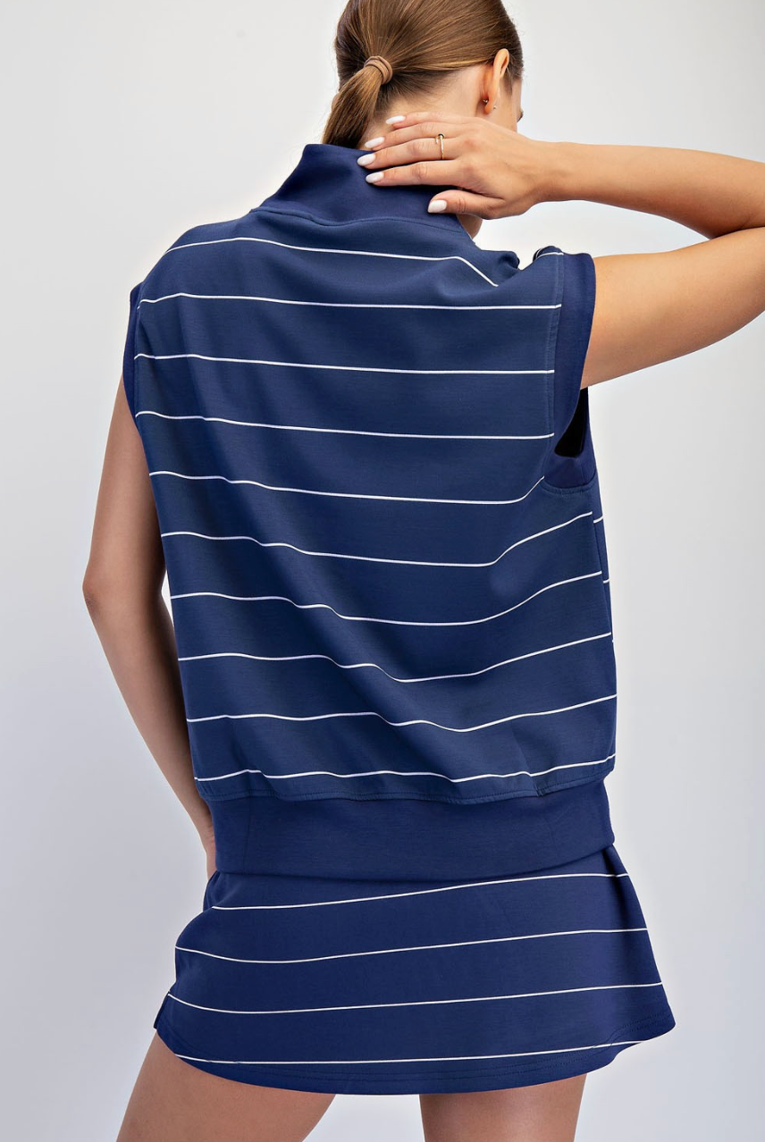 Maegan Modal Scuba Stripe Luxe V-neck Sleeveless Top - Smoky Navy/Cream