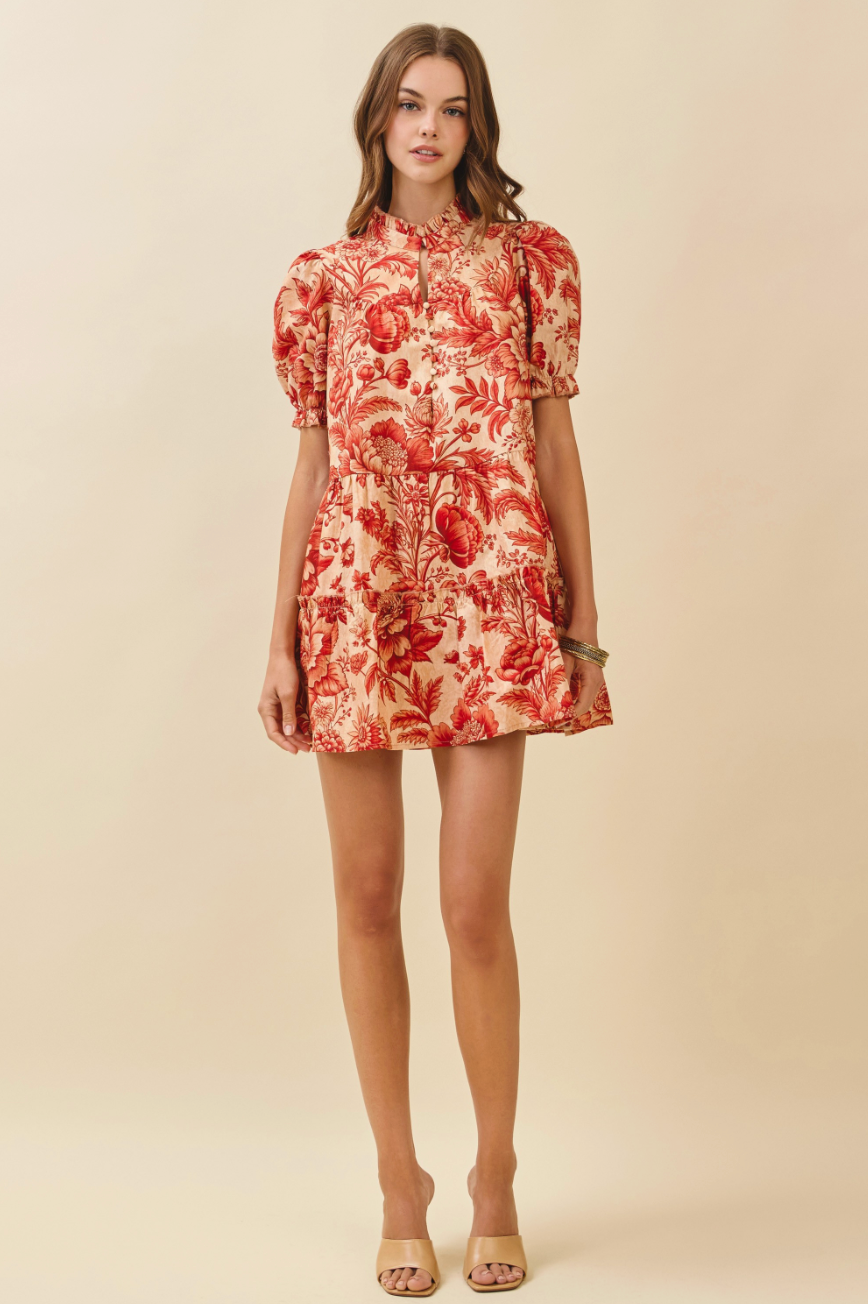 Crimson Bloom Mock Neck Mini Dress