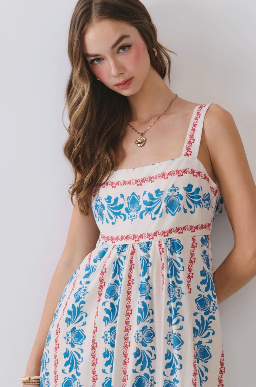 Cierra Floral Stripe Print Square Neck Midi Dress