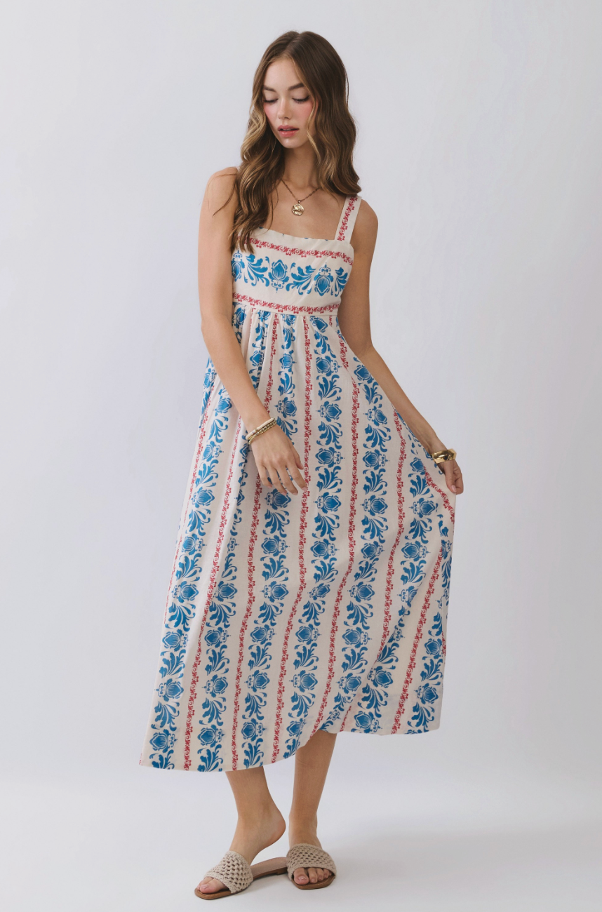 Cierra Floral Stripe Print Square Neck Midi Dress