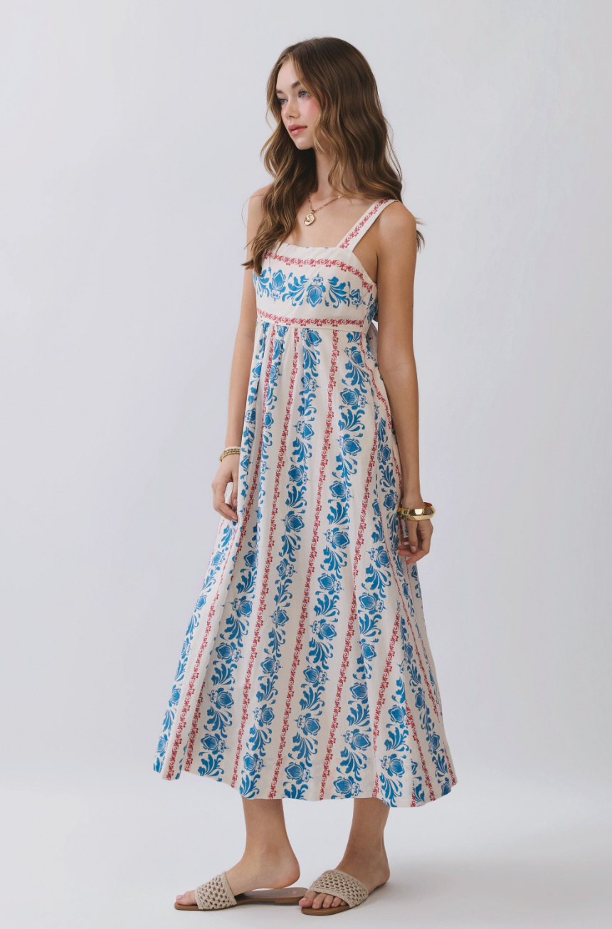Cierra Floral Stripe Print Square Neck Midi Dress