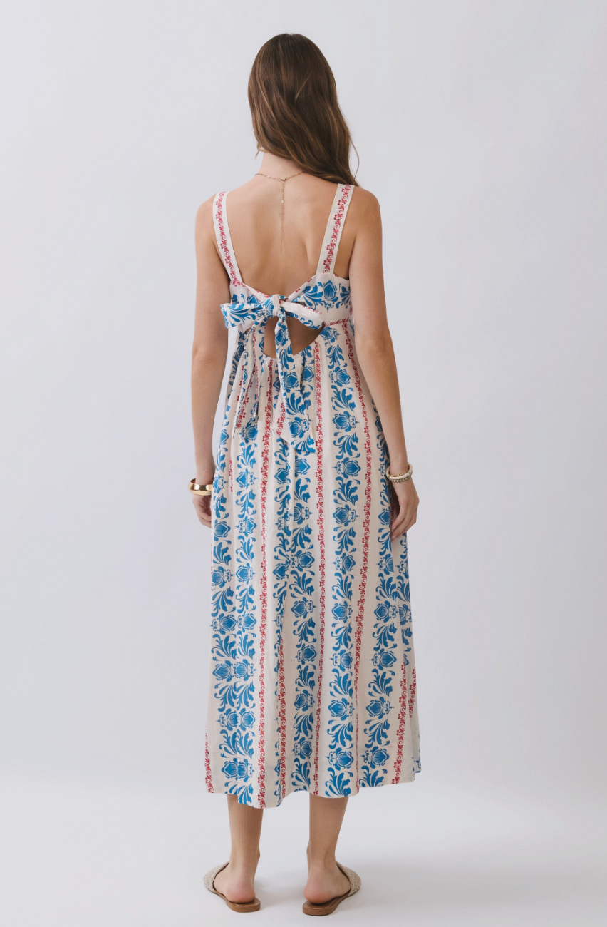 Cierra Floral Stripe Print Square Neck Midi Dress