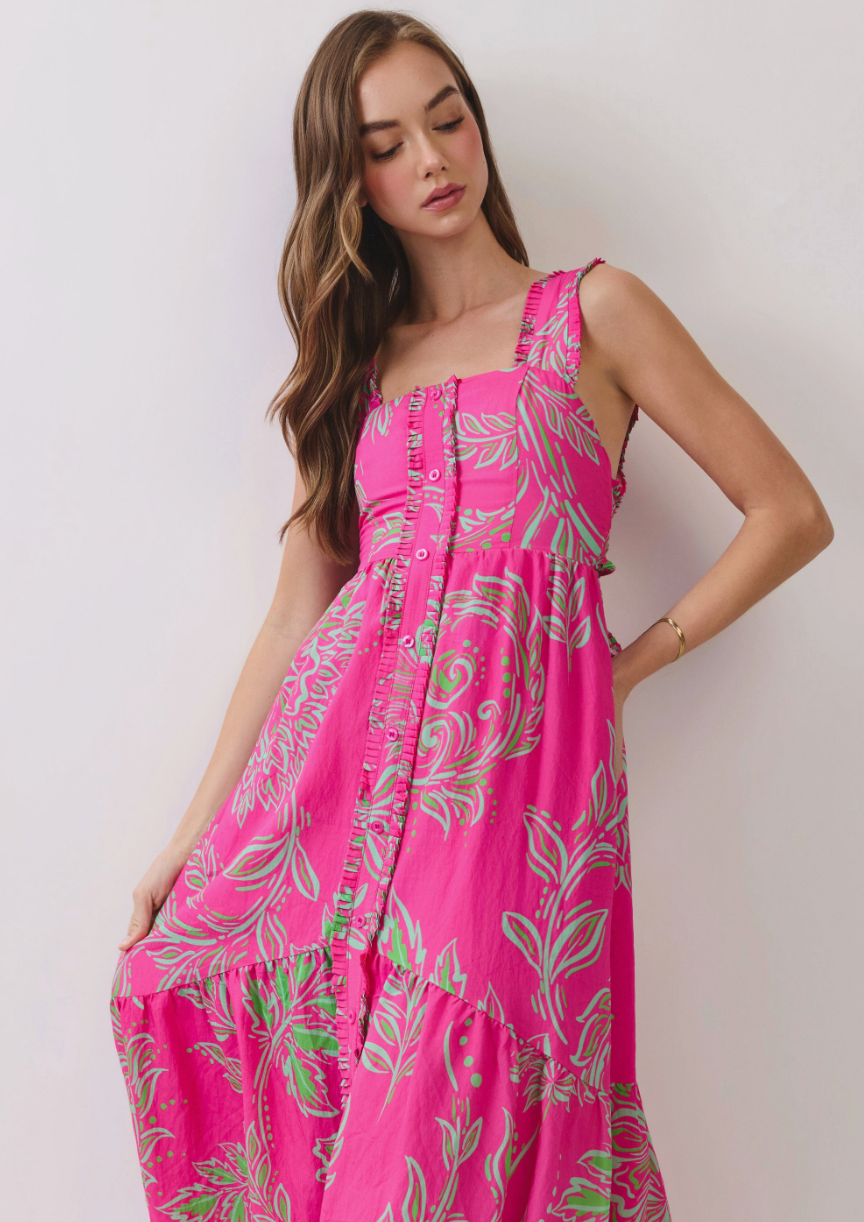 Tropical Print Open Back Self Tie Midi Dress