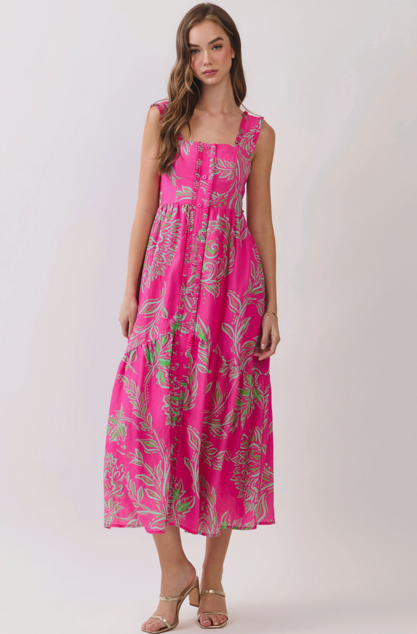 Tropical Print Open Back Self Tie Midi Dress