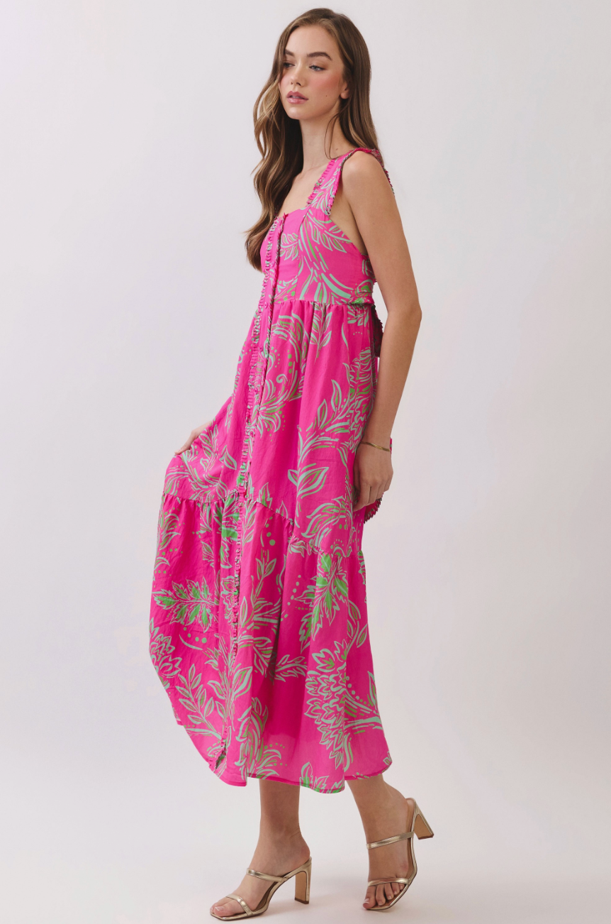 Tropical Print Open Back Self Tie Midi Dress