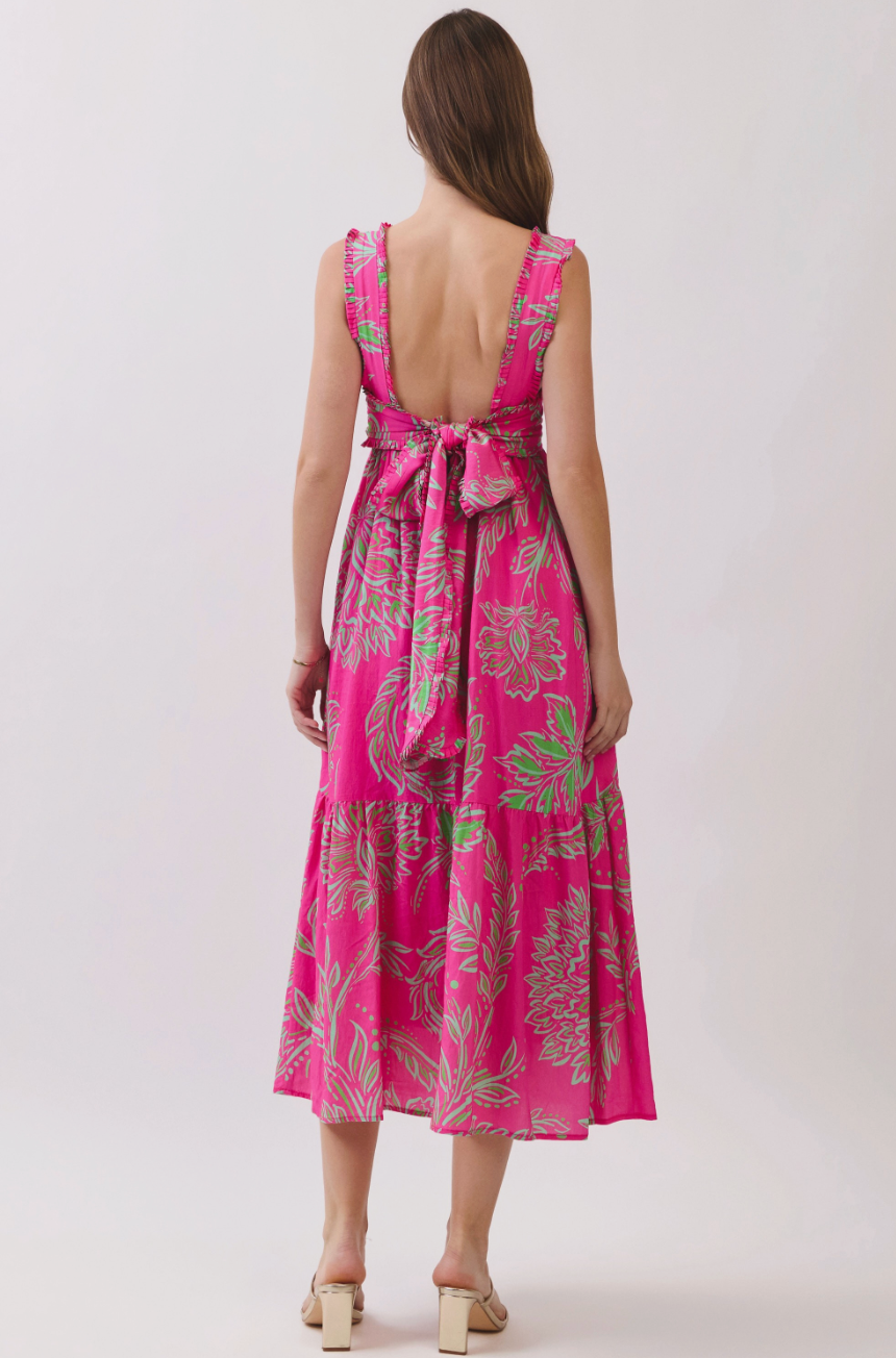 Tropical Print Open Back Self Tie Midi Dress