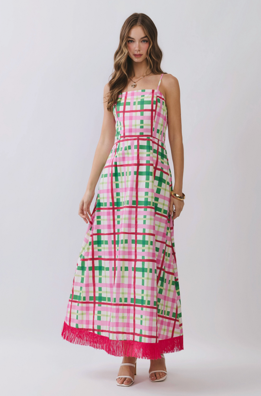 Palm Beach Plaid Fringe Hem Dress