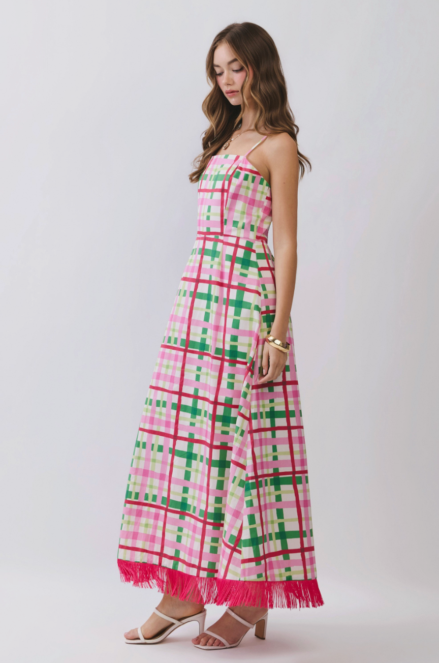 Palm Beach Plaid Fringe Hem Dress