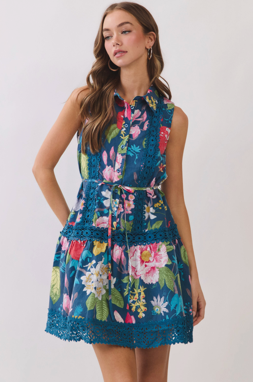 Botanical Tide Crochet Trim Mini Dress