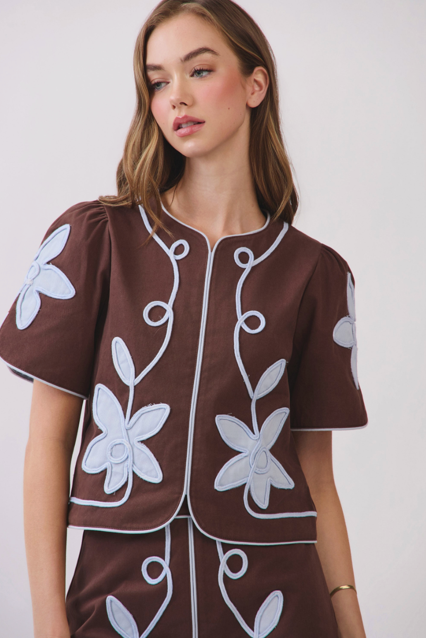 Espresso Applique Floral Top & Skirt Set