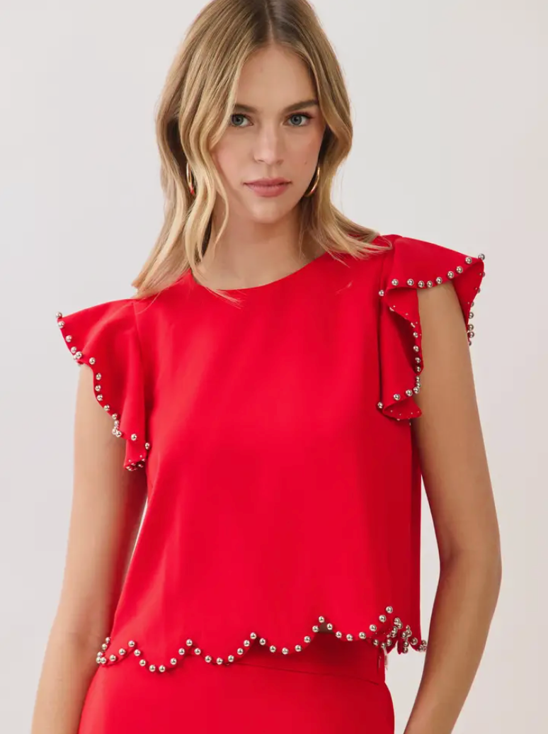 Red Zone Ruffle Sleeve Scalloped Top