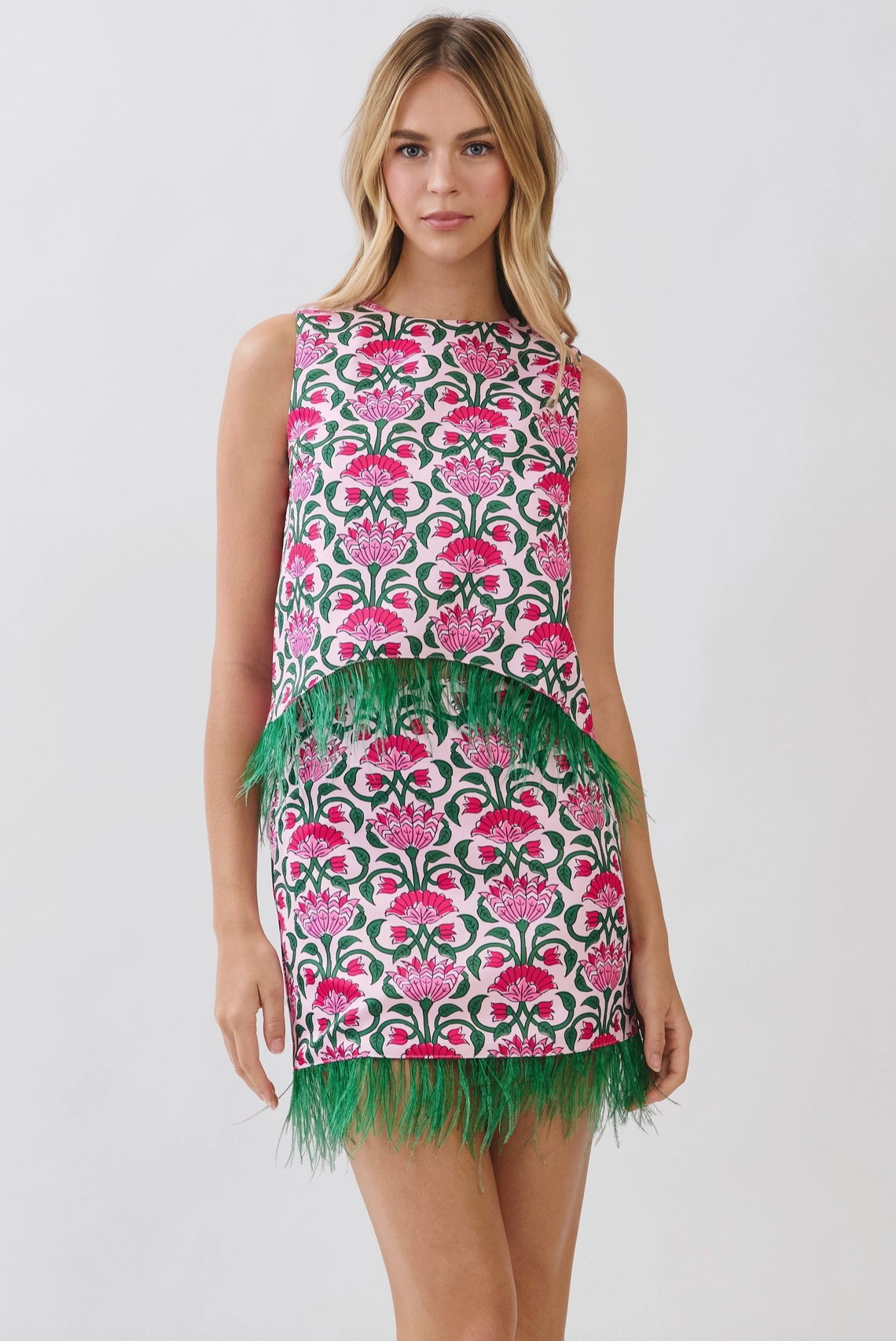 Pink Cabana Feather Trim Skirt & Tank Set