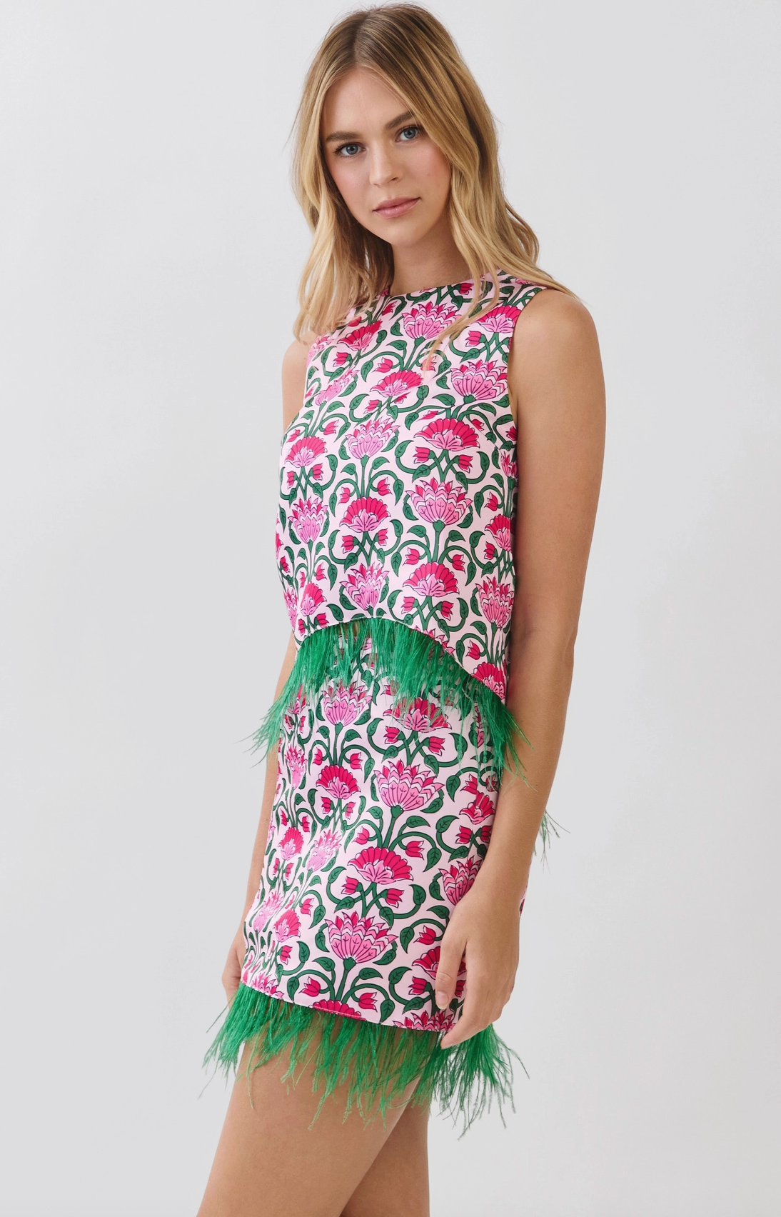Pink Cabana Feather Trim Skirt & Tank Set