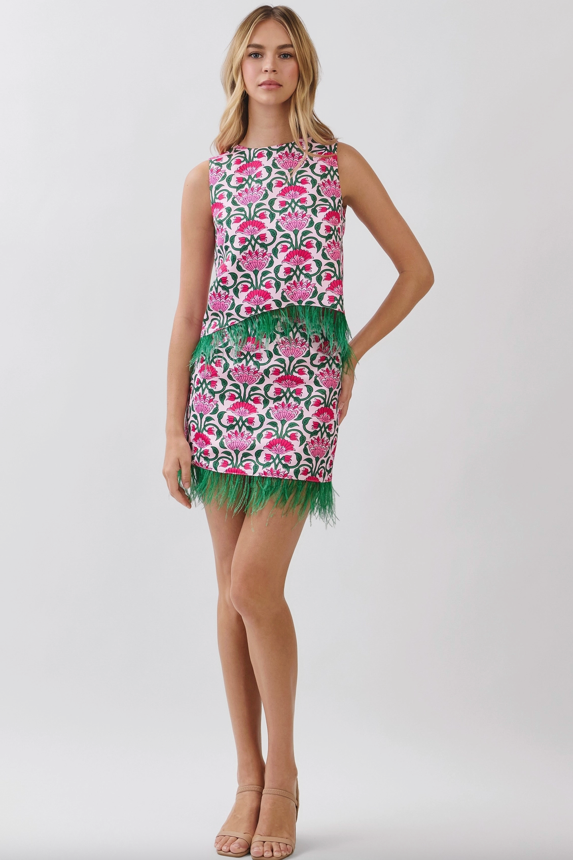 Pink Cabana Feather Trim Skirt & Tank Set